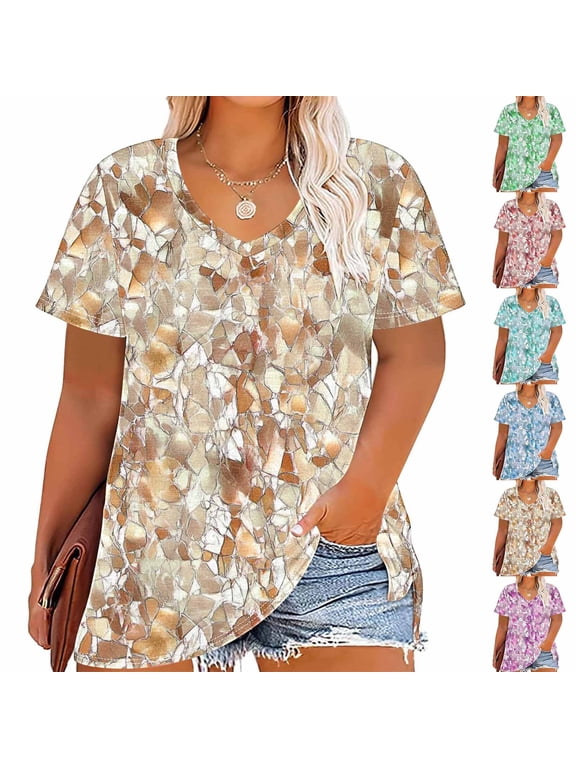 Tops for Women Short Sleeve Casual Vacation Shirts V Neck Soft Tunic Blouses Trendy Plain T-shirts Top Plus Size XL-5XL