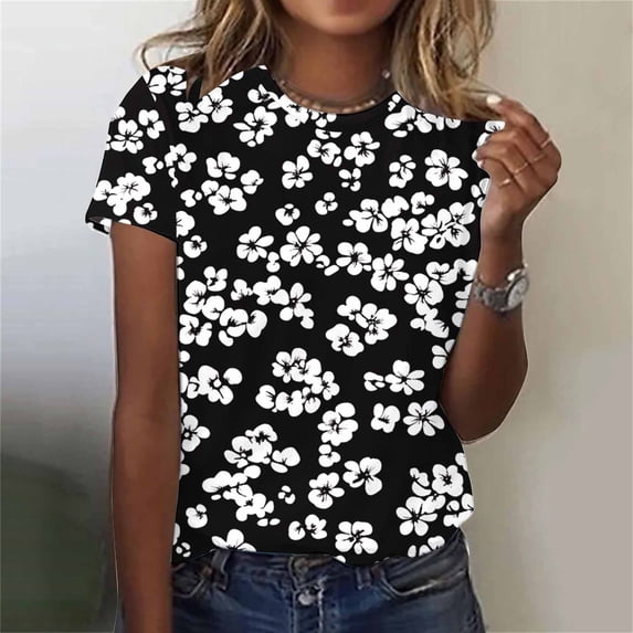 Jsaierl Tops for Women Short Sleeve Plus Size Dressy Shirts Crewneck Flowy Ladies Blouses Fashion Print T-shirts Top S-5XL