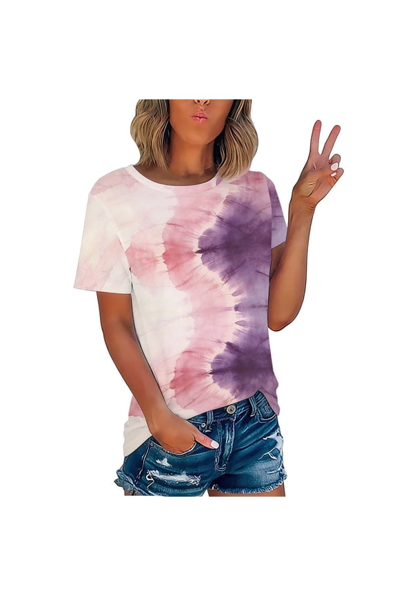 Tops for Women Short Sleeve Plus Size Dressy Shirts Round Neck Soft Ladies Blouses Boho Tie Dye Graphic Tshirts Top S-3XL