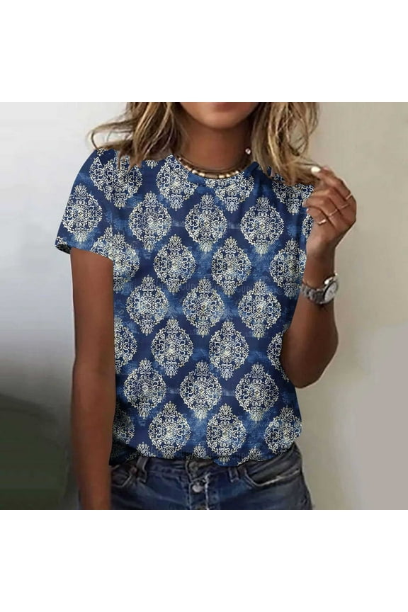 Tops for Women Short Sleeve Plus Size Loose Fit Shirts Crewneck Retro Ladies Blouses Trendy Floral Print T Shirts Top S-5XL