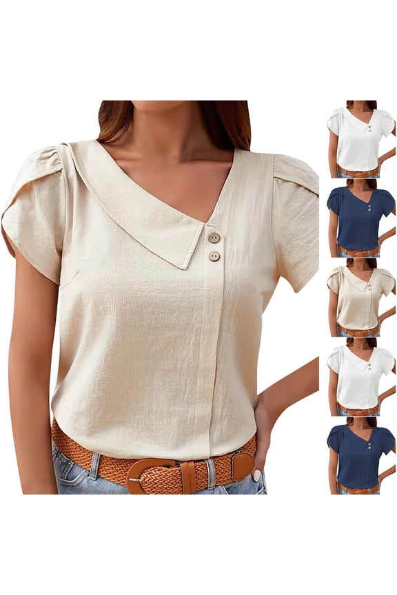 Tops for Women Short Sleeve Plus Size Vacation Button Up Shirts V Neck Going Out Tunic Blouses Fashion Plain Tshirts Top S-3XL