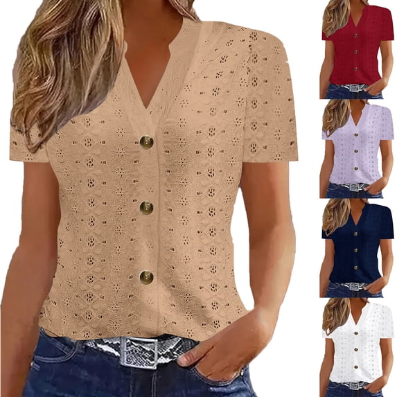 Jsaierl Tops for Women Short Sleeve Plus Size Vacation Button Up Shirts V Neck Work Tunic Blouses Boho Solid T Shirt Top XS-2XL