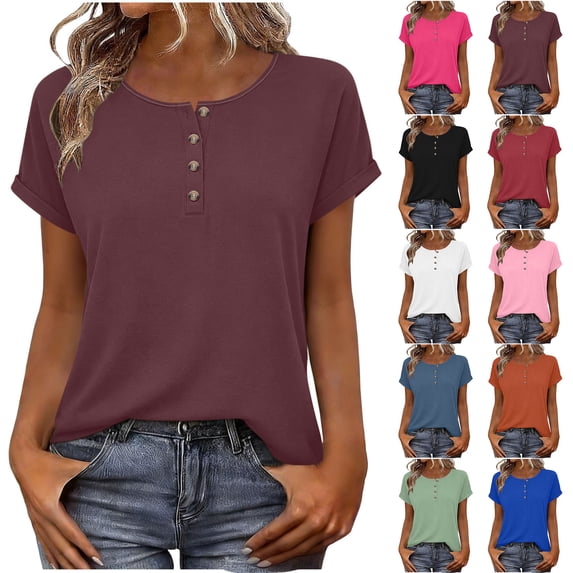 Jsaierl Tops for Women Short Sleeve Summer Loose Fit Button Up Shirts Crewneck Workout Ladies Blouses Boho Solid T Shirt Top S-2XL
