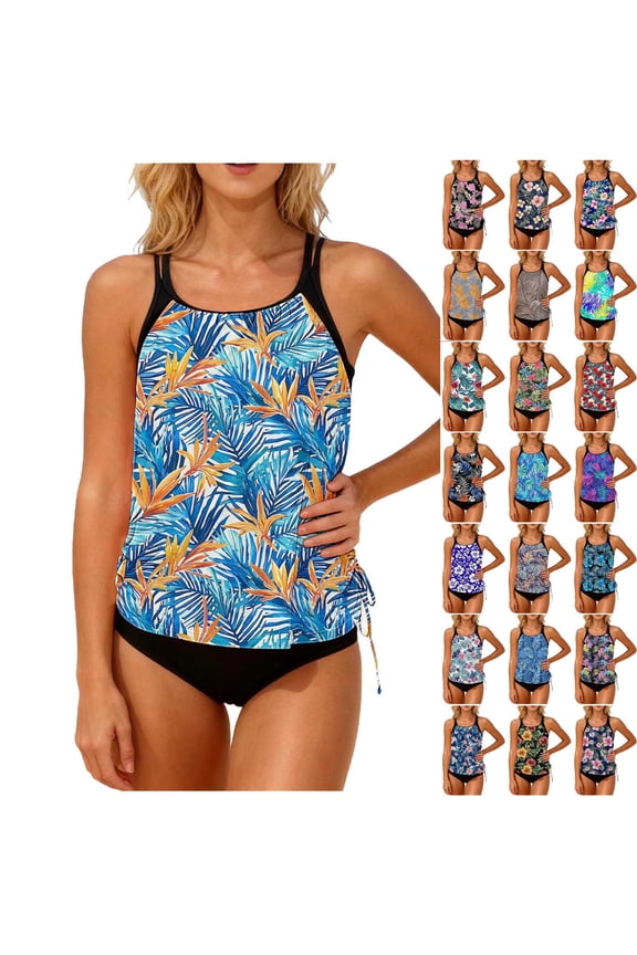Two Piece Tankini Bathing Suits for Women T-Back Blouson Swim Tops with Shorts Swimsuits Sporty Swimwear
