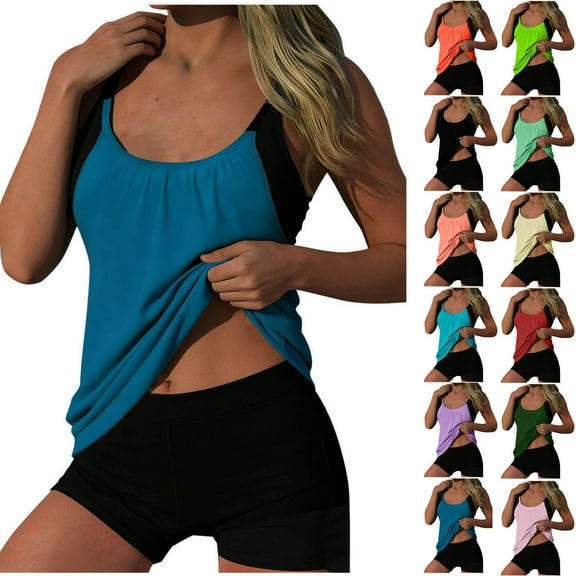 Jsaierl Two Piece Women's Tankini Swimsuits Blouson Swim Tank Top with Shorts Modest Bathing Suits Color Block Beach Swimwear Set