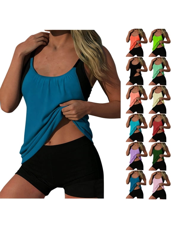 Two Piece Women's Tankini Swimsuits Blouson Swim Tank Top with Shorts Modest Bathing Suits Color Block Beach Swimwear Set