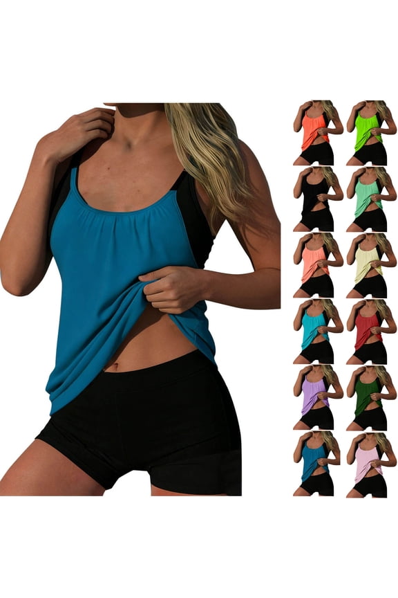 Two Piece Women's Tankini Swimsuits Blouson Swim Tank Top with Shorts Modest Bathing Suits Color Block Beach Swimwear Set