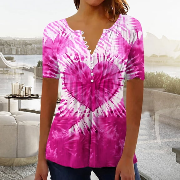 Jsaierl Valentine's Day Shirts for Women Plus Size Love Heart Graphic Tees Soft Short Sleeve Blouse V Neck Going Out T-shirt Tops Spring Clothes for Women