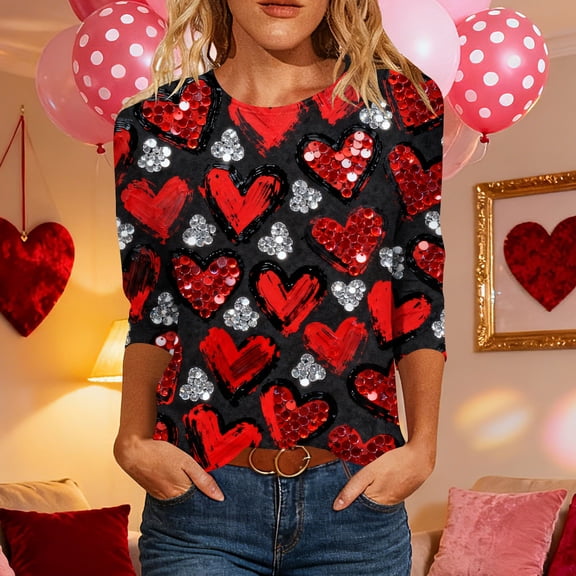Jsaierl Valentine's Day Shirts for Women Plus Size Love Heart Print Tees Trendy 3/4 Sleeve Blouse Round Neck Dressy Casual T-shirt Tops Womens Spring Fashion