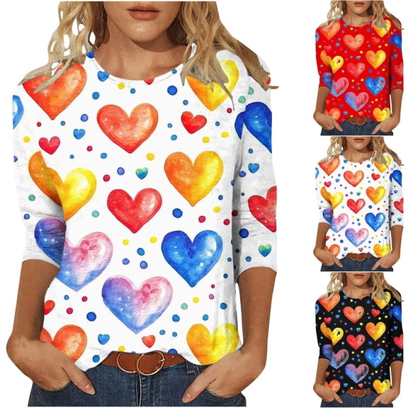 Jsaierl Valentine's Day Shirts for Women Sweet Love Heart Graphic Tees Trendy 3/4 Sleeve Blouse Crewneck Holiday T-shirt Tops Spring Clothes for Women