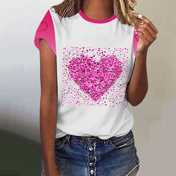Jsaierl Valentine's Day Shirts for Women Sweet Love Heart Graphic Tees Work Short Sleeve Blouse Round Neck Going Out T-shirt Tops Spring Clothes for Women