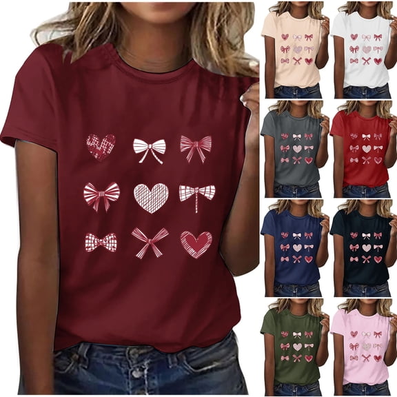 Jsaierl Valentine's Day Shirts Womens Cute Love Heart Graphic Tees Trendy Short Sleeve Blouse Crewneck Tunic T-shirt Tops Womens Spring Fashion
