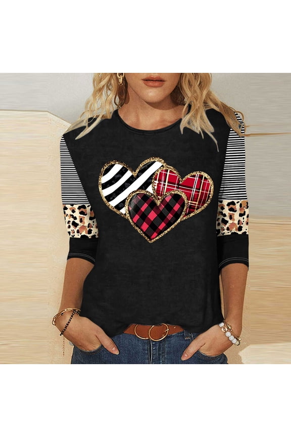 Valentine's Day Shirts Womens Cute Love Heart Graphic Tees Work 3/4 Sleeve Blouse Round Neck Dressy Casual T-shirt Tops Spring Clothes for Women