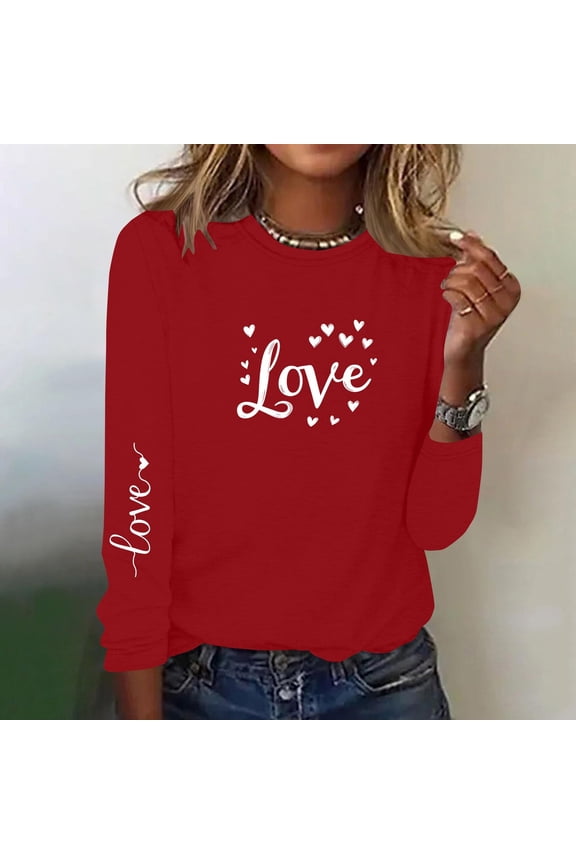 Valentine's Day Shirts Womens Cute Love Heart Print Tees Work Long Sleeve Blouse Round Neck Going Out T-shirt Tops Womens Spring Fashion