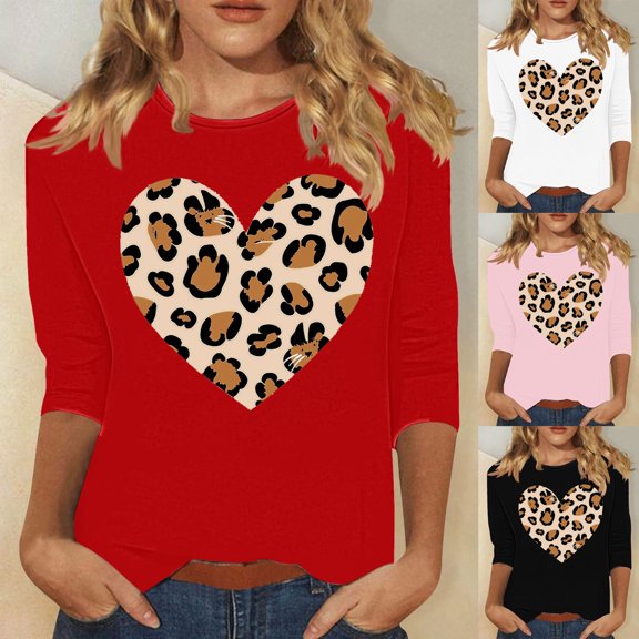 Jsaierl Valentine's Day Shirts Womens Plus Size Love Heart Graphic Tees Work 3/4 Sleeve Blouse Round Neck Tunic T-shirt Tops Valentines Day Gifts
