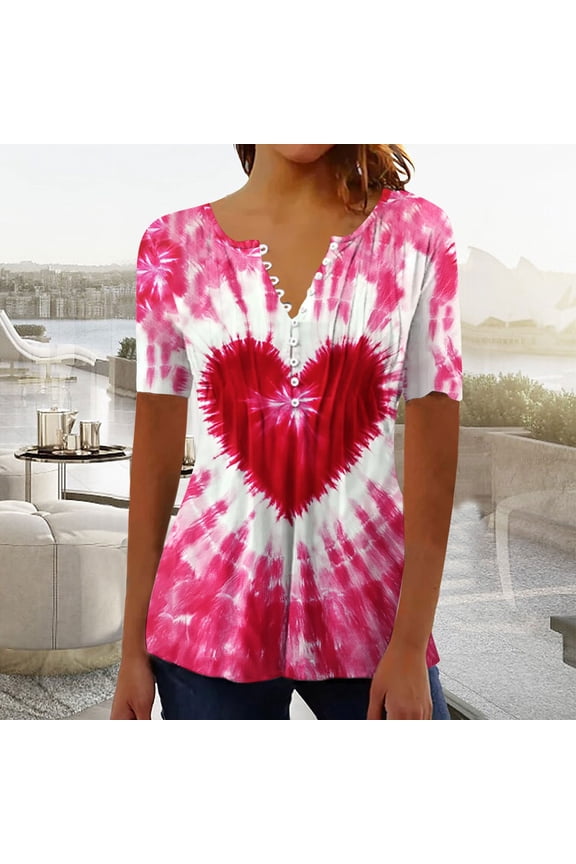 Valentine's Day Shirts Womens Plus Size Love Heart Graphic Tees Work Short Sleeve Blouse V Neck Holiday T-shirt Tops Spring Clothes for Women