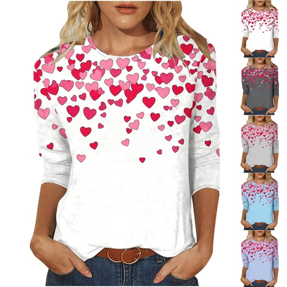 Jsaierl Valentine's Day Shirts Womens Plus Size Love Heart Print Tees Soft 3/4 Sleeve Blouse Round Neck Dressy Casual T-shirt Tops Womens Spring Fashion