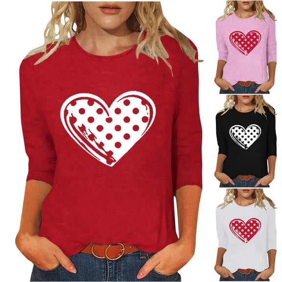 Jsaierl Valentine's Day Shirts Womens Sweet Love Heart Graphic Tees Soft 3/4 Sleeve Blouse Crewneck Going Out T-shirt Tops Womens Fashion