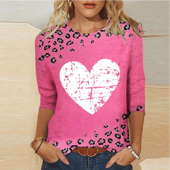 Jsaierl Valentine's Day Shirts Womens Sweet Love Heart Print Tees Casual 3/4 Sleeve Blouse Crewneck Tunic T-shirt Tops Womens Fashion
