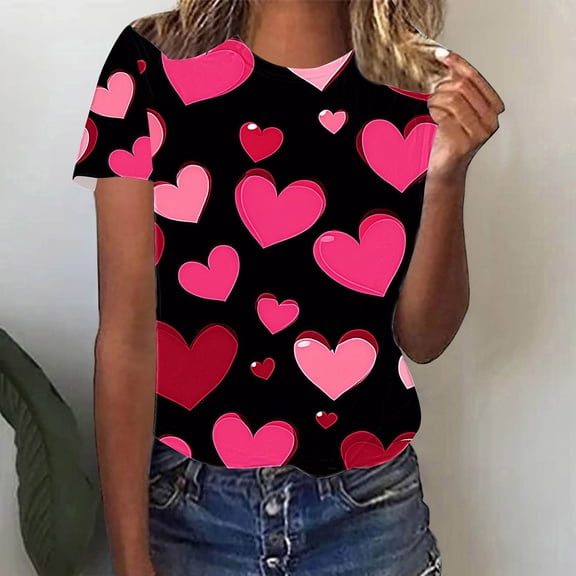 Jsaierl Valentine's Day Shirts for Women Cute Love Heart Graphic Tees Soft Short Sleeve Blouse Crewneck Tunic T-shirt Tops Womens Fashion