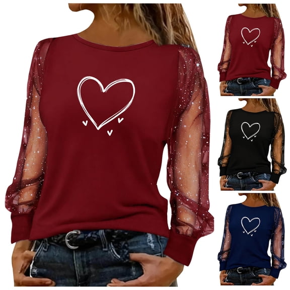 Jsaierl Valentines Day Shirts for Women Plus Size Love Heart Graphic Tees Casual Mesh Long Sleeve Blouse Crewneck Going Out T-shirt Tops Spring Clothes for Women