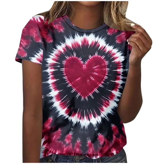 Jsaierl Valentines Day Shirts for Women Plus Size Love Heart Graphic Tees Cotton Short Sleeve Blouse Crewneck Tunic T-shirt Tops Spring Clothes for Women