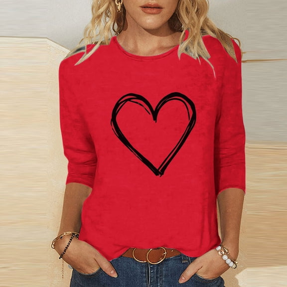 Jsaierl Valentines Day Shirts for Women Plus Size Love Heart Graphic Tees Soft 3/4 Sleeve Blouse Crewneck Holiday T-shirt Tops Spring Clothes for Women