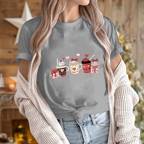 Jsaierl Valentines Day Shirts Women Plus Size Love Heart Graphic Tees Work Short Sleeve Blouse Round Neck Tunic T-shirt Tops Spring Clothes for Women