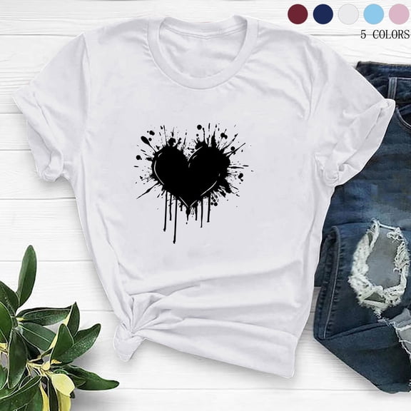 Jsaierl Valentines Day Shirts Women Plus Size Love Heart Print Tees Work Short Sleeve Blouse Crewneck Going Out T-shirt Tops Womens Fashion