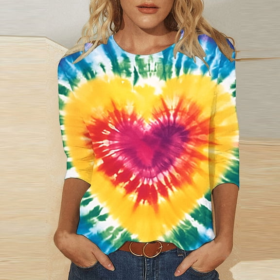 Jsaierl Valentines Day Shirts Women Sweet Love Heart Graphic Tees Work 3/4 Sleeve Blouse Round Neck Tunic T-shirt Tops Valentines Day Gifts