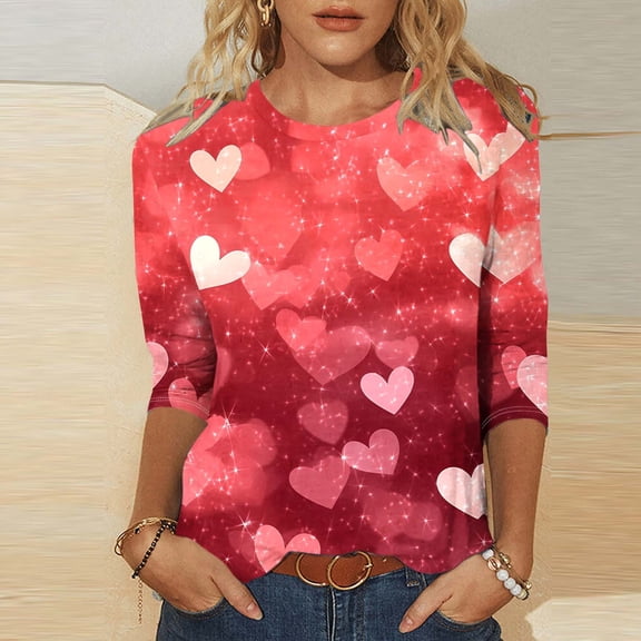 Jsaierl Valentines Day Shirts Women Sweet Love Heart Print Tees Trendy 3/4 Sleeve Blouse Crewneck Holiday T-shirt Tops Womens Fashion