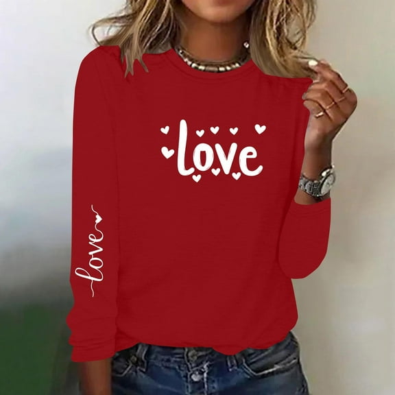 Jsaierl Valentines Day Shirts Womens Plus Size Love Heart Graphic Tees Soft Long Sleeve Blouse Crewneck Holiday T-shirt Tops Spring Clothes for Women