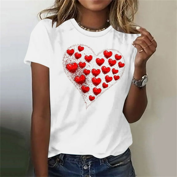 Jsaierl Valentines Day Shirts Womens Plus Size Love Heart Graphic Tees Work Short Sleeve Blouse Crewneck Holiday T-shirt Tops Womens Spring Fashion