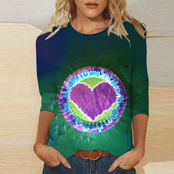 Jsaierl Valentines Day Shirts Womens Plus Size Love Heart Print Tees Casual 3/4 Sleeve Blouse Crewneck Going Out T-shirt Tops Valentines Day Gifts