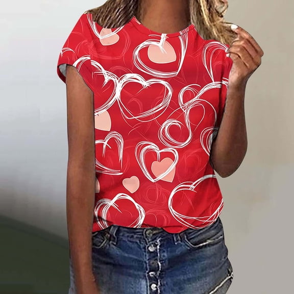 Jsaierl Valentines Day Shirts Womens Plus Size Love Heart Print Tees Casual Short Sleeve Blouse Crewneck Holiday T-shirt Tops Womens Spring Fashion