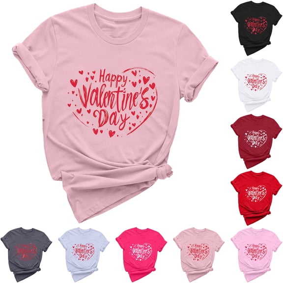 Jsaierl Valentines Day Shirts Womens Plus Size Love Heart Print Tees Cotton Short Sleeve Blouse Crewneck Going Out T-shirt Tops Valentines Day Gifts