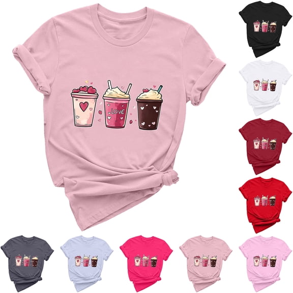 Jsaierl Valentines Day Shirts Womens Plus Size Love Heart Print Tees Work Short Sleeve Blouse Crewneck Dressy Casual T-shirt Tops Spring Clothes for Women