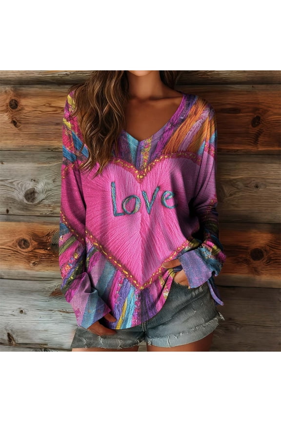 Valentines Day Shirts Womens Sweet Love Heart Graphic Tees Cotton Long Sleeve Blouse V Neck Tunic T-shirt Tops Womens Fashion