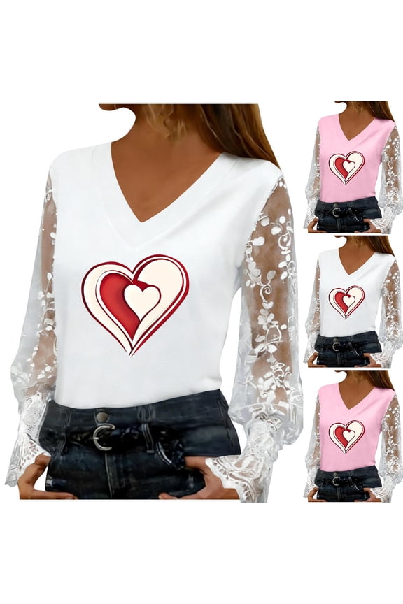 Valentines Day Shirts Womens Sweet Love Heart Print Tees Soft Lace Long Sleeve Blouse V Neck Dressy Casual T-shirt Tops Spring Clothes for Women