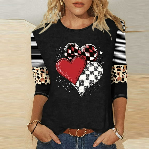 Jsaierl Valentines Day Shirts for Women Cute Love Heart Graphic Tees Cotton 3/4 Sleeve Blouse Crewneck Holiday T-shirt Tops Womens Spring Fashion