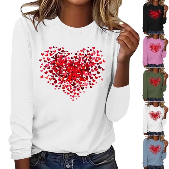 Jsaierl Valentines Day Shirts for Women Cute Love Heart Graphic Tees Stretch Long Sleeve Blouse Round Neck Tunic T-shirt Tops Womens Spring Fashion