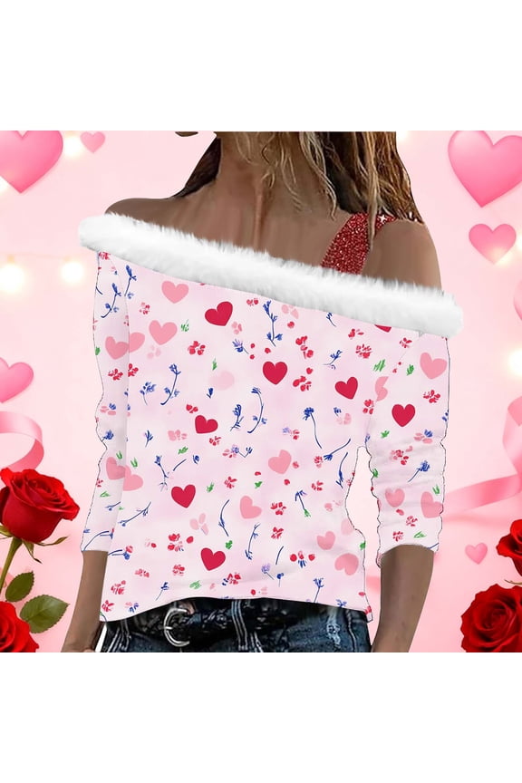 Valentines Day Shirts for Women Plus Size Love Heart Graphic Tees Work Long Sleeve Blouse Round Neck Tunic T-shirt Tops Womens Spring Fashion