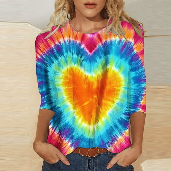 Jsaierl Valentines Day Shirts for Women Plus Size Love Heart Print Tees Casual 3/4 Sleeve Blouse Round Neck Tunic T-shirt Tops Womens Fashion