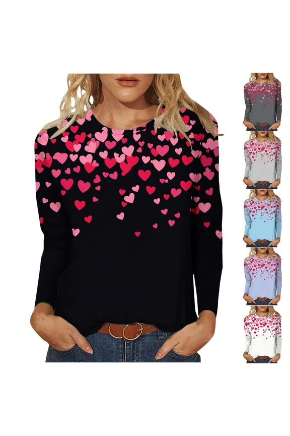 Valentines Day Shirts for Women Plus Size Love Heart Print Tees Casual Long Sleeve Blouse Crewneck Tunic T-shirt Tops Valentines Day Gifts