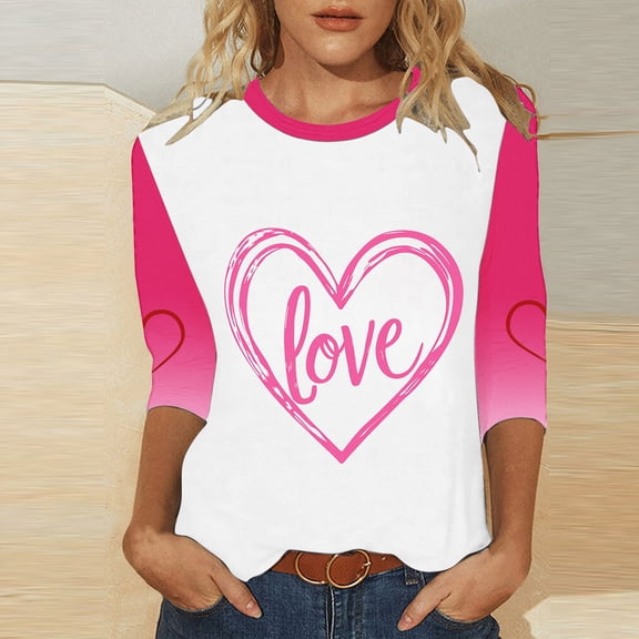 Jsaierl Valentines Day Shirts for Women Sweet Love Heart Graphic Tees Stretch 3/4 Sleeve Blouse Round Neck Tunic T-shirt Tops Womens Fashion