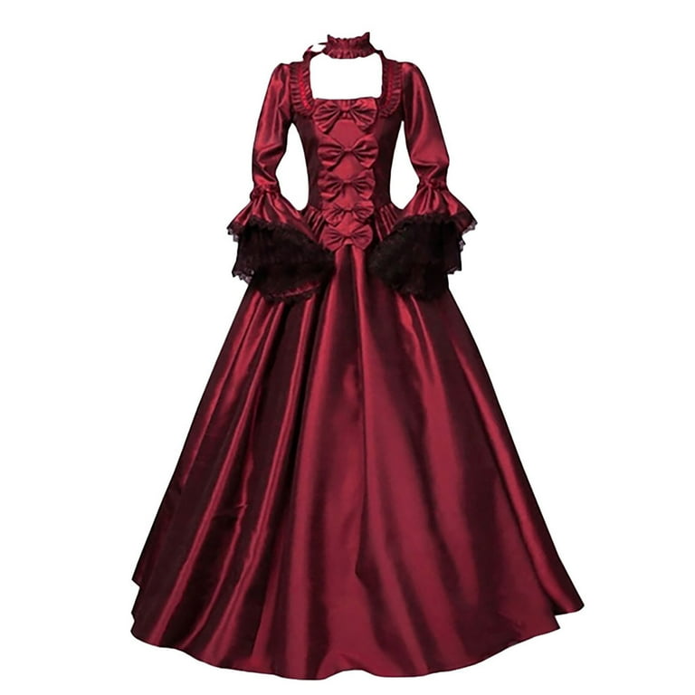 open lace back dress Ball Gown V-Neck 3/4 Length Sleeves Floor-Length Rococo Victorian Party Costume Masquerade Cosplay Prom Dress, One-Size / Red