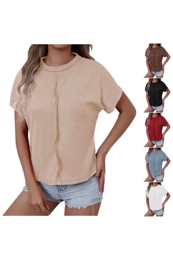Waffle Tops for Women Short Sleeve Casual Holiday Shirts Crewneck Going Out Ladies Blouses Cute Plain T Shirts Top S-2XL