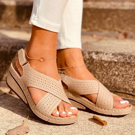 Jsaierl Wedge Sandals for Women Dressy Summer Peep Toe Sandals Comfy Hollow Out Sandals Boho Breathable Sandal Size 5.5