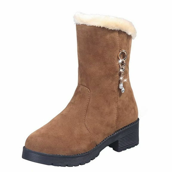 Jsaierl Winter Boots for Women, Comfortable Slip On Mid Chunky Heel Warm Snow Ankle Boots Low Heel Faux Fur Lined Zipper Winter Booties Outdoor Shoes