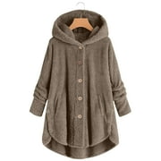 Jsaierl Fleece Jackets for Women Plus Size Warm Teddy Coat with Faux Fur Hood Warm Fuzzy Jackets Thick Fleece Lined Overcoat